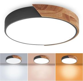 Wood LED Flush Mount Ceiling Light, 3CCT 3000K-6500K Modern Black Close to Ceiling Lighting Fixtures, Minimalist Round Ceiling Light for Bedroom
