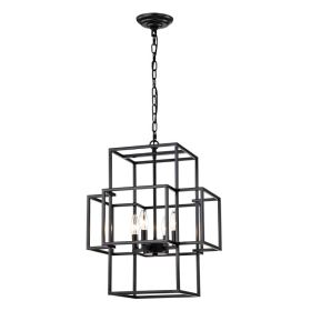 4-Light Metal Lantern Tiered Pendant Hanging Light Fixtures, Industrial Farmhouse Adjustable Height Chandeliers For Dining Room Hallway Foyer Ent (Option: Matte Black)